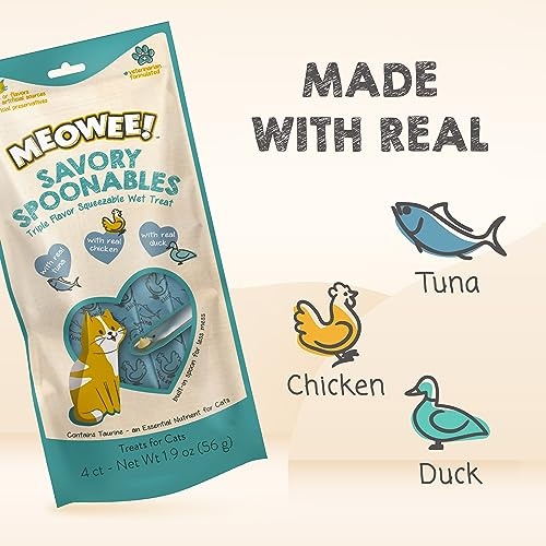 Meowee! Savory Spoonables with Real Tuna, Chicken & Duck Cat Treats, 0.25 Oz., Count of 4