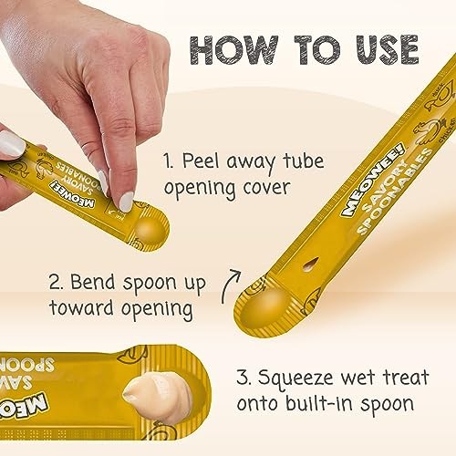 Meowee! Savory Spoonables with Real Chicken, Salmon & Duck Cat Treats, 0.48 Oz., Count of 4