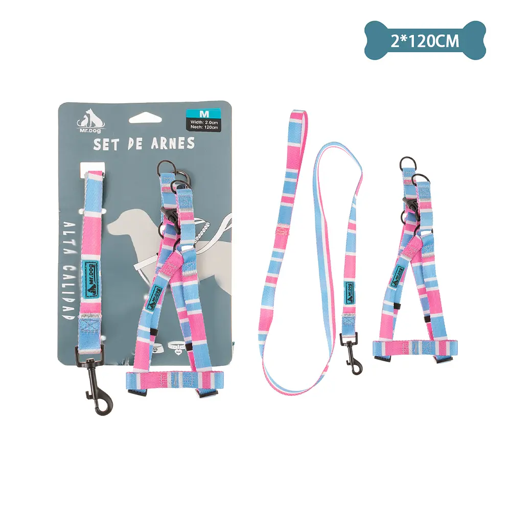 [96043] Set de arnés y correa de nylon azul y rosa 2x120cm
