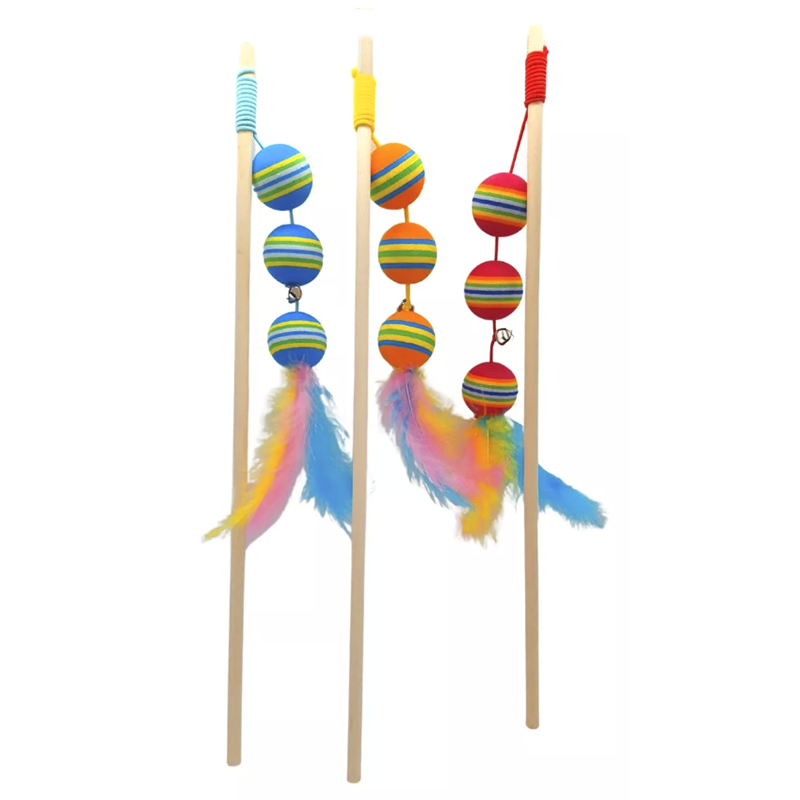 Juguete Para Gato Varita Triple Bolitas Con Plumas  (colores variados)