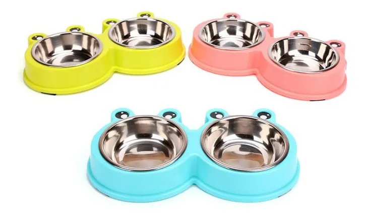 [82737] Plato Doble para Comida y Agua, Diseño Rana para Perro Y Gato (colores variados)