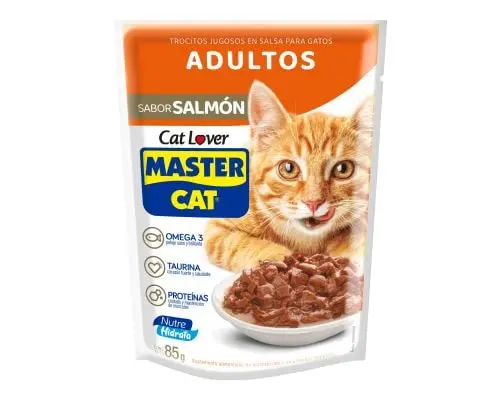 Alimento Húmedo Gato Trocitos Jugosos Salmon master cat sobre 85g.
