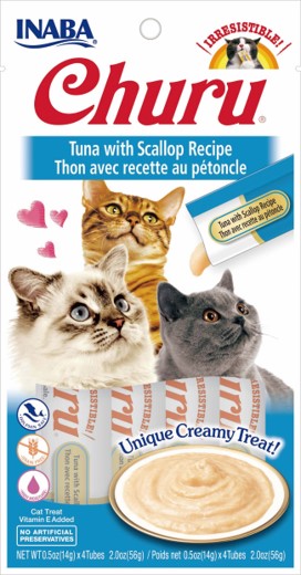 Churu sabor atún y ostiones(vieira) 4 sobres de 14g. Total 56g para gatos