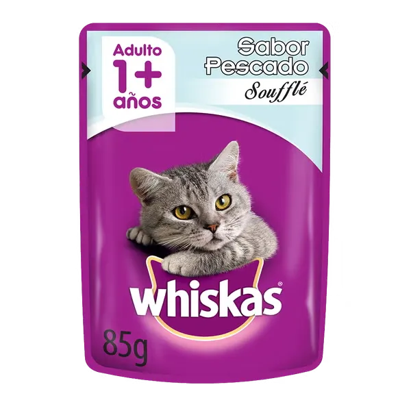 WHISKAS® sobrecito para gatos pescado en souffle 85g