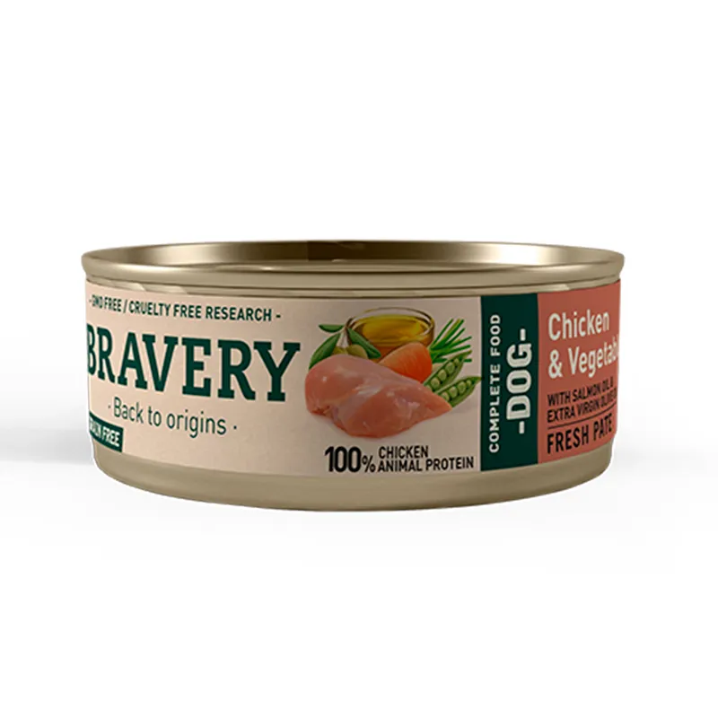 Bravery Lata pollo y vegetales perros Adultos 80gr