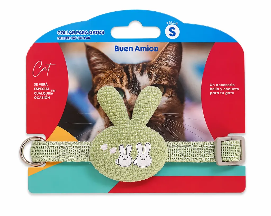 [7852052819078] Collar para gatos diseño de conejito talla  S (Verde)
